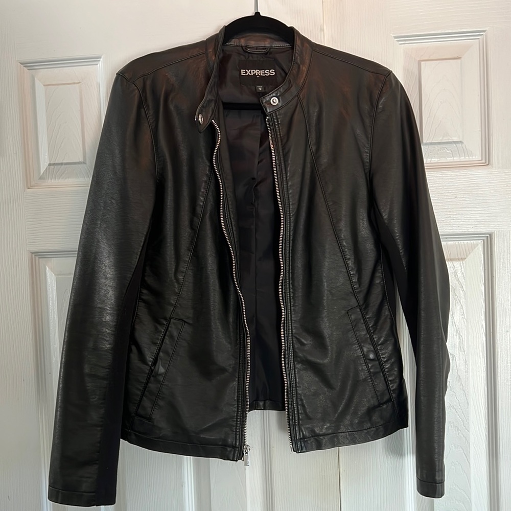 Express mixed material faux leather moto jacket